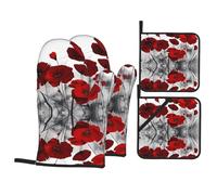 HJFCZH Red Poppy Flower Prints Kitchen Covers: Waterproof Oven Layers for Safe Cooking & Easy Cleanup - 4 Piece Heat Protection Set