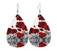 HJFCZH Red Poppy Flower Prints Teardrop Leather Earrings - Vibrant Dangle Earrings for Women, Lightweight Fashion Jewelry with Silver-Plated Hooks, Ideal for Parties & Gifts