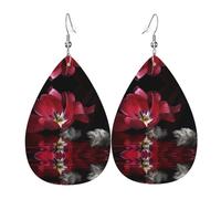 HJFCZH Red tulip Prints Teardrop Leather Earrings - Vibrant Dangle Earrings for Women, Lightweight Fashion Jewelry with Silver-Plated Hooks, Ideal for Parties & Gifts