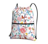 HJFCZH Romantic Fancy Floral Birds Butterfly Prints Drawstring Zipper Backpack - Lightweight Gym Throw Bag with Front Pocket - Ideal for Travel & Yoga