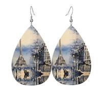 HJFCZH Romantic Paris Eiffel Tower Prints Dangle Leather Earrings - Elegant Water Drop Drops for Festive Style & Everyday Chic