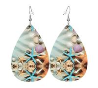 HJFCZH Seashells Starfish Prints Teardrop Leather Earrings - Vibrant Dangle Earrings for Women, Lightweight Fashion Jewelry with Silver-Plated Hooks, Ideal for Parties & Gifts