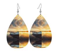 HJFCZH Small Boat on The Water Prints Teardrop Leather Earrings - Vibrant Dangle Earrings for Women, Lightweight Fashion Jewelry with Silver-Plated Hooks, Ideal for Parties & Gifts