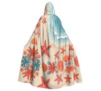 HJFCZH Starfish And Coral On Beach Printed Halloween Adult Hooded Cloak for various party and carnival settings
