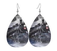 HJFCZH Steam Train Clouds Prints Teardrop Leather Earrings - Vibrant Dangle Earrings for Women, Lightweight Fashion Jewelry with Silver-Plated Hooks, Ideal for Parties & Gifts
