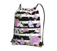 HJFCZH Striped Flower Butterfly Prints Drawstring Zipper Backpack - Lightweight Sporty Throw Bag for Gym, Travel & Yoga - Durable Water-Resistant Design