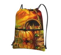 HJFCZH Thanksgiving Day Pumpkin Prints Drawstring Zipper Backpack - Lightweight Gym Throw Bag with Front Pocket - Ideal for Travel & Yoga