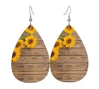 HJFCZH Three Sunflowers on Wooden Prints Teardrop Leather Earrings - Lightweight Dangles with Silver-Plated Hooks, Vivid Color & Hypoallergenic Design for Festive Occasions