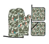 HJFCZH Tropical Plants Prints Kitchen Baking Set - 4-Piece Heat Resistant Mitts & Covers, Waterproof & Durable for Oven, Grill & Serving