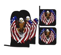 HJFCZH USA Flag Patriotic Eagle Oven Mitts and Pot Holders Set, Black, Waterproof Polyester, 21x21 cm, 4 Piece
