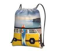 HJFCZH Vintage Van in The Beach with a Surfboard Prints Drawstring Zipper Backpack - Lightweight Gym Throw Bag with Front Pocket - Ideal for Travel & Yoga