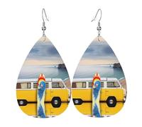 HJFCZH Vintage Van in The Beach with a Surfboard Prints Teardrop Leather Earrings - Vibrant Dangle Earrings for Women, Lightweight Fashion Jewelry with Silver-Plated Hooks, Ideal for Parties & Gifts