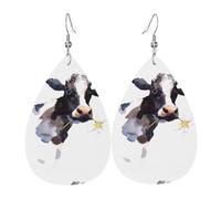 HJFCZH Watercolor Cow And Daisy Flower Prints Teardrop Leather Earrings - Lightweight Dangle Earrings for Women, Vivid Color Faux Leather Drops with Silver Plated Hooks, Stylish Jewelry