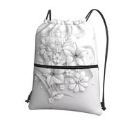 HJFCZH White Flower Prints Drawstring Zipper Backpack - Lightweight Sporty Throw Bag for Gym, Travel & Yoga - Durable Water-Resistant Design