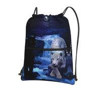 HJFCZH White Tiger And Black Panthers Prints Drawstring Zipper Backpack - Lightweight Gym Throw Bag with Front Pocket - Ideal for Travel & Yoga