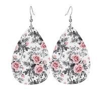 HJFCZH White Watercolor Floral Rose Prints Teardrop Leather Earrings - Lightweight Dangles with Silver-Plated Hooks, Vivid Color & Hypoallergenic Design for Festive Occasions