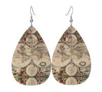 HJFCZH World Map Retro Prints Teardrop Leather Earrings - Lightweight Dangle Earrings for Women, Vivid Color Faux Leather Drops with Silver Plated Hooks, Stylish Jewelry