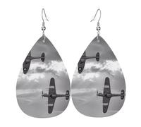 HJFCZH World War 2 Aircraft Airplane Prints Teardrop Leather Earrings - Vibrant Dangle Earrings for Women, Lightweight Fashion Jewelry with Silver-Plated Hooks, Ideal for Parties & Gifts