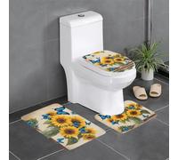 HJFCZH Yellow Sunflowers with Blue Butterflies Pattern Bathroom Anti Slip Quick Drying Three Piece Set, Slip Quick Drying Durable Shower Bath mat