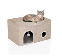 hjh LIVING Foldable Indoor Cat House, 62 x 41 x 33 cm, PAWY EB Cat Cave with Scratching Board and Play Ball, Large Lying Surface, Beige