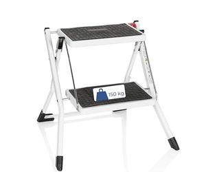 hjh OFFICE Folding Ladder 2 Steps SOLID W1 Steel Step Foldable up to 150 kg Load Capacity Folding Safety Handle White Silver