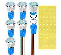 HJHB1WL 12V Latching Push Button Switch Marine Waterproof Round Blue LED Pushbutton Switch 19mm 12 Volt DC Ring Illuminated Metal ON Off with Label Sticker for Boat Car -6pcs(LAS3-19F-W11EL-N-6Pcs)