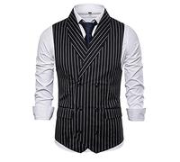 HJHGJ Vest Suits for Men Striped V-Neck Sleeveless Double-breasted Button Down Tank Tops with Pockets Autumn Spring Gentlemen Retro Grandad Gilets Wedding Business Regular-fit Casual Baggy Waistcoats