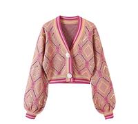 HJHIKJK Women's Cardigans Spring and Autumn Knitted Irregular Cardigan Lantern Sleeve Casual V-neck Slim Women's Sweater(L)