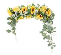 HJHIWE Artificial Sunflower Flower Swag, 17.7 Inch Wall Hanging Sunflower Flower Wreath with Olive Green Leaves Wreath Silk Ribbon for Table Home Office Wedding Arch Party Decor, Yellow.