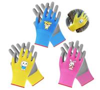 HJJMN 3 Pairs Toddler Gardening Gloves For Kids Age 3-6, Latex Rubber Palm Coated Protective, Kids Safe Work Gloves, Childrens Garden Non-Slip Work Gloves for Girls and Boys, Pink Blue Yellow
