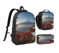 HJKBCV Japan Mount Fuji Landscape Backpack Set 3 PCS - 17 Inch Laptop Backpack with Lunch Bag, Waterproof Daypack Insulated Lunch Box Large Capacity Coin Pouch Personalized Gift