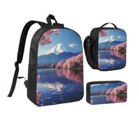 HJKBCV Mount Fuji Backpack Set 3 PCS - 17 Inch Laptop Backpack with Lunch Bag, Waterproof Daypack Insulated Lunch Box Large Capacity Coin Pouch Personalized Gift