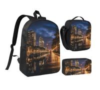 HJKBCV Portland at night Backpack Set 3 PCS - 17 Inch Laptop Backpack with Lunch Bag, Waterproof Daypack Insulated Lunch Box Large Capacity Coin Pouch Personalized Gift