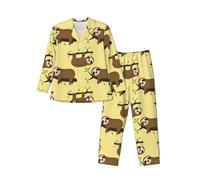 HJKdfv Cute Sloths On Yellow Lemons Print Stylish Men'S Long Sleeve Pajama Set, Soft Sleepwear With Pockets, Button Down Lounge Sets For Ultimate Comfort