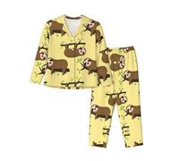 HJKdfv Cute Sloths On Yellow Lemons Print Women'S Pajama Set, Long Sleeve Down Button Sleepwear, Soft Pjs For Comfortable Lounging And Nightwear