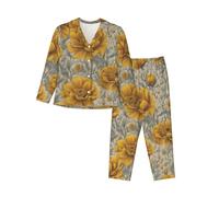 HJKdfv Many Golden Flowers Print Women'S Pajama Set, Long Sleeve Down Button Sleepwear, Soft Pjs For Comfortable Lounging And Nightwear