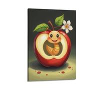 hjkhjt Animal Poster A Happy Worm in An Apple Poster Wall Art Canvas Aesthetic Cover Painting for Living Room Bed Room 20x30inch(50x75cm) Frame-style