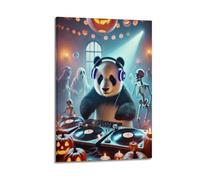 hjkhjt Animal Poster Cartoon Panda DJ Halloween Party Scene Poster Wall Art Canvas Aesthetic Cover Painting for Living Room Bed Room 24x36inch(60x90cm) Frame-style
