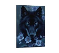 hjkhjt Animal Poster Digital Art Black Wolf Blue Flowers Eyes Poster Wall Art Canvas Aesthetic Cover Painting for Living Room Bed Room 12x18inch(30x45cm) Frame-style