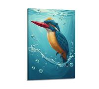 hjkhjt Animal Poster Kingfisher Diving Water Poster Wall Art Canvas Aesthetic Cover Painting for Living Room Bed Room 16x24inch(40x60cm) Frame-style