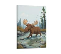 hjkhjt Animal Poster Moose Crossing Shallow Stream Poster Wall Art Canvas Aesthetic Cover Painting for Living Room Bed Room 20x30inch(50x75cm) Frame-style