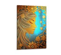 hjkhjt Golden Line Art Woman on Blue Background Poster Wall Art Canvas Aesthetic Cover Painting for Living Room Bed Room 08x12inch(20x30cm) Frame-style