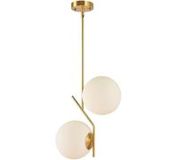 HJLJKG 2 Heads Minimalist Milky White Glass Bedside Pendant Light Nordic Creativity Gold Kitchen Island Hanging Lamp Mid Century Metal Long Pole Dining Room Chandelier For Living Room