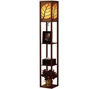 HJLJKG Floor Lamp, Multifunctional 3 Layers Wooden Shelf, Standing Lamp with Maple Leaf Carved Warm Lampshade Decoration
