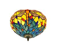 HJLJKG Style Stained Glass Chandeliers 30CM Antique Style Glass Yellow Dragonfly and Jewelled Celling lamp Balcony Dining Room Bedroom Ceiling Light