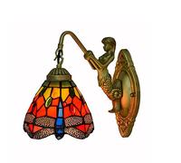 HJLJKG Wall Red Dragonfly Style Wall Lamp Stained Glass Lampshade with Mermaid Lamp Arm Wall Light Fixtures for Patio, Stairs, Hallway, Living Room, Bedroom