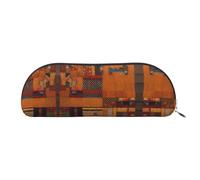 HJLUUFT African Textile Patchwork Leather Half Round Portable Pen Case and Makeup Bag - Stylish Pencil Pouch for Office, Travel, and Daily Storage