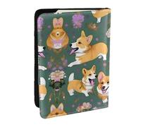 HJLUUFT Corgi Floral Flowers Print Leather Passport Case, Passport Cover with Credit Card Holder for Women Men Family ID Travel