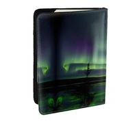 HJLUUFT Dark Northern Lights Print Leather Passport Cover for Men Women, Travel Wallet Passport Holder Case for Family