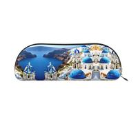 HJLUUFT Greek Island sea View Leather Half Round Portable Pen Case and Makeup Bag - Stylish Pencil Pouch for Office, Travel, and Daily Storage